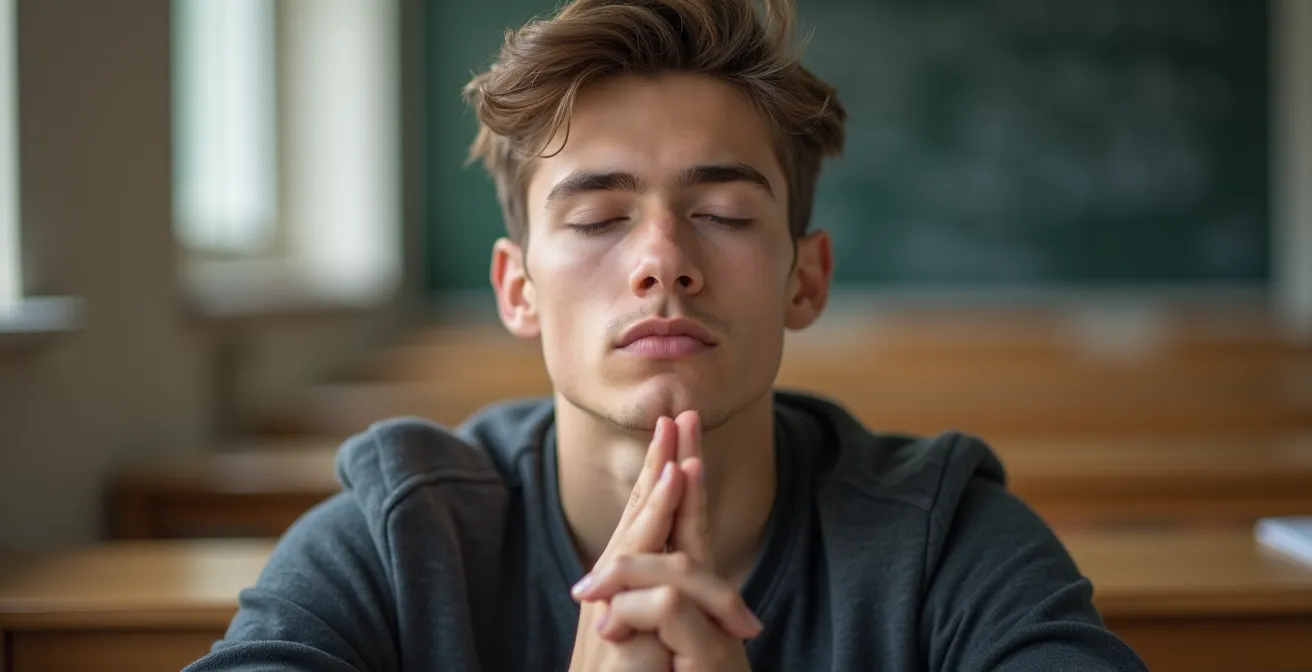 Portrait rapproché d'un étudiant en méditation avant un examen