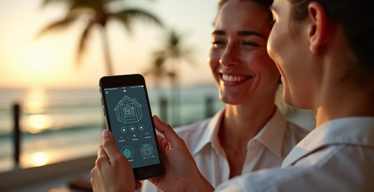 Parents vérifiant leur maison via smartphone pendant leurs vacances