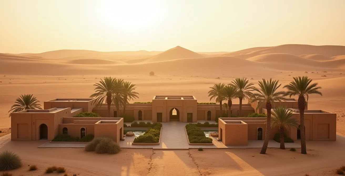 Oasis verdoyante dans le désert égyptien avec palmiers et architecture traditionnelle