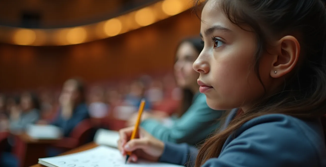 Étudiant observant attentivement un cours d'essai en amphithéâtre
