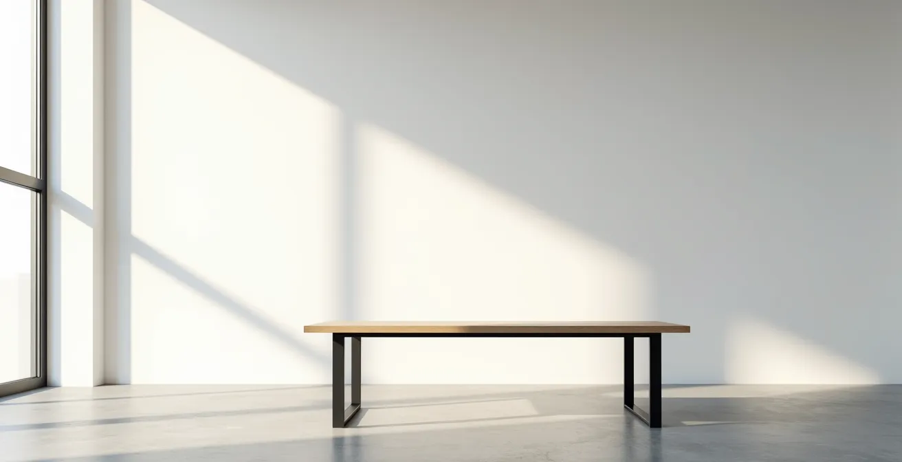 Table avec plateau en bois et pieds métalliques dans un espace épuré baigné de lumière naturelle