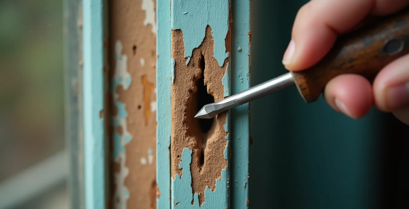 Gros plan sur une main effectuant le test du tournevis sur un cadre de fenêtre en bois