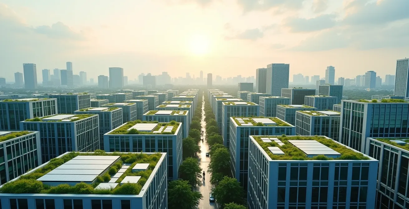 Vue aérienne d'un quartier d'affaires moderne avec espaces verts intégrés