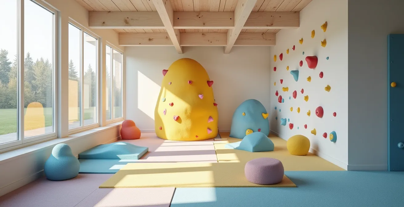 Espace dédié aux jeunes grimpeurs avec blocs adaptés et prises ludiques