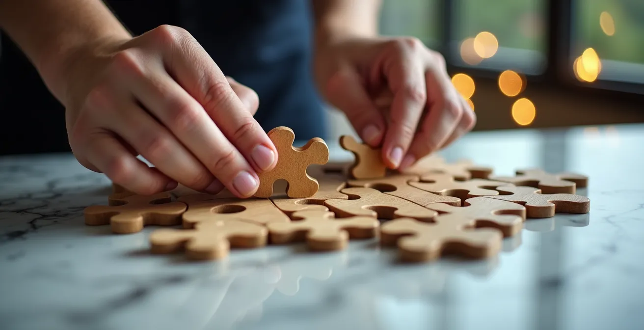 Gros plan sur des mains assemblant des pièces d'un puzzle en bois représentant métaphoriquement l'orchestration patrimoniale