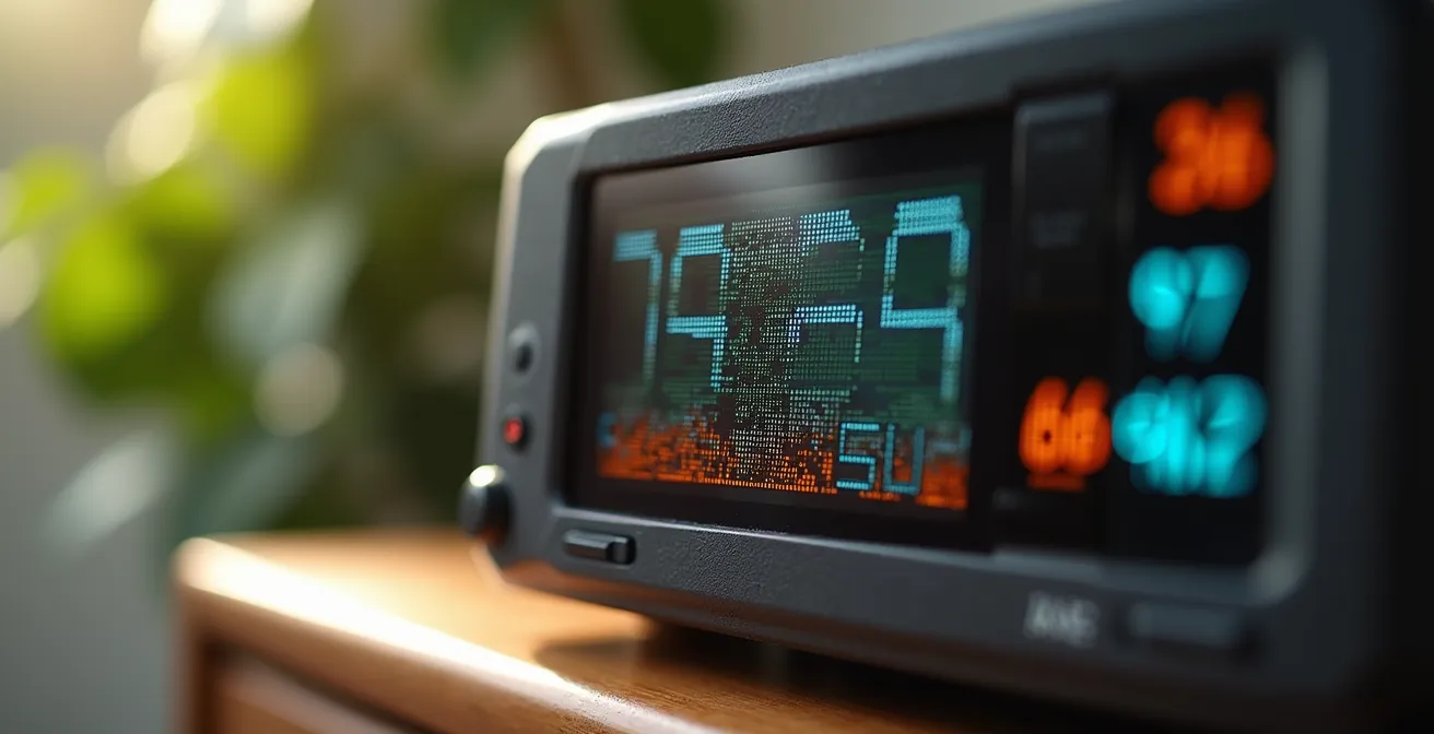 Détecteur de CO2 sur table de chevet en bois avec plante verte