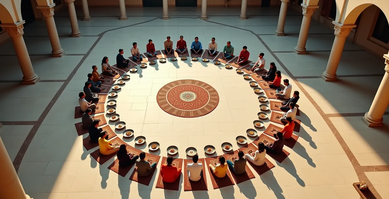 Vue aérienne d'un grand cercle de personnes partageant un repas au sol