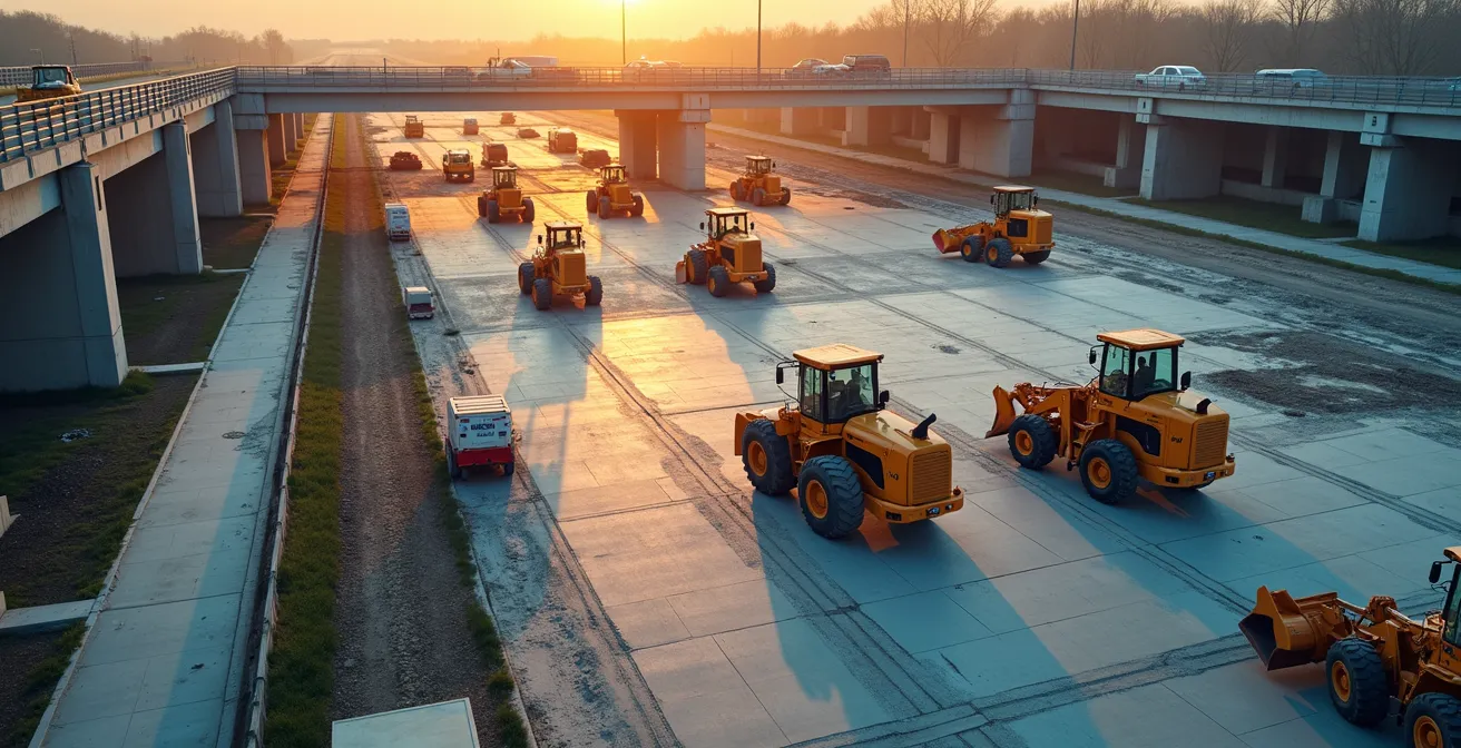 Vue aérienne d'un chantier de rénovation d'ouvrage d'art montrant l'organisation optimisée des équipements d'hydrodémolition