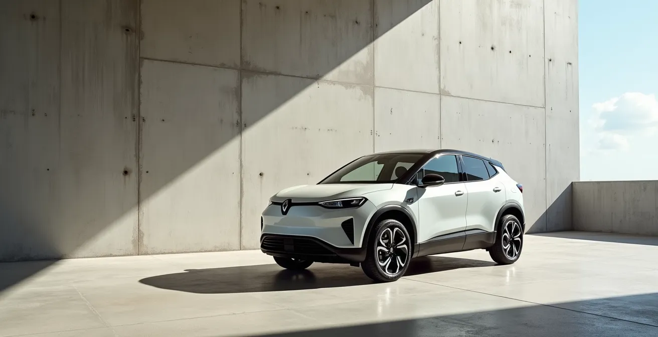 Vue de trois-quarts avant d'une Dacia Spring en finition Extreme avec ses jantes spécifiques