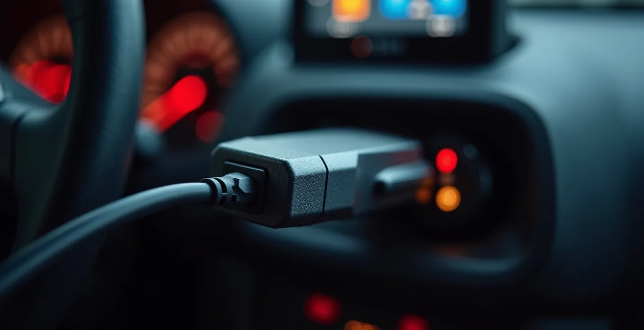 Gros plan sur un boîtier OBD connecté sous le tableau de bord d'une voiture électrique