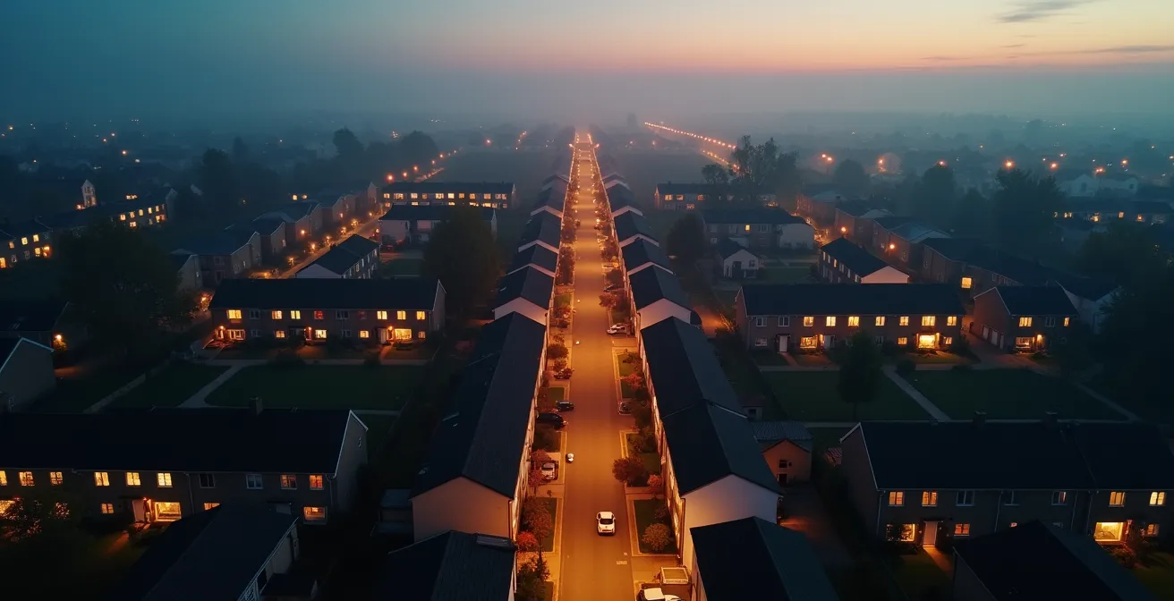 Vue aérienne d'un quartier résidentiel protégé par un réseau de télésurveillance