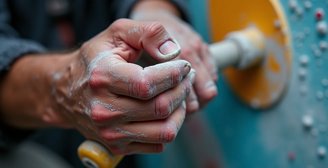 Gros plan sur les mains d'un grimpeur saisissant une prise, montrant la précision du geste