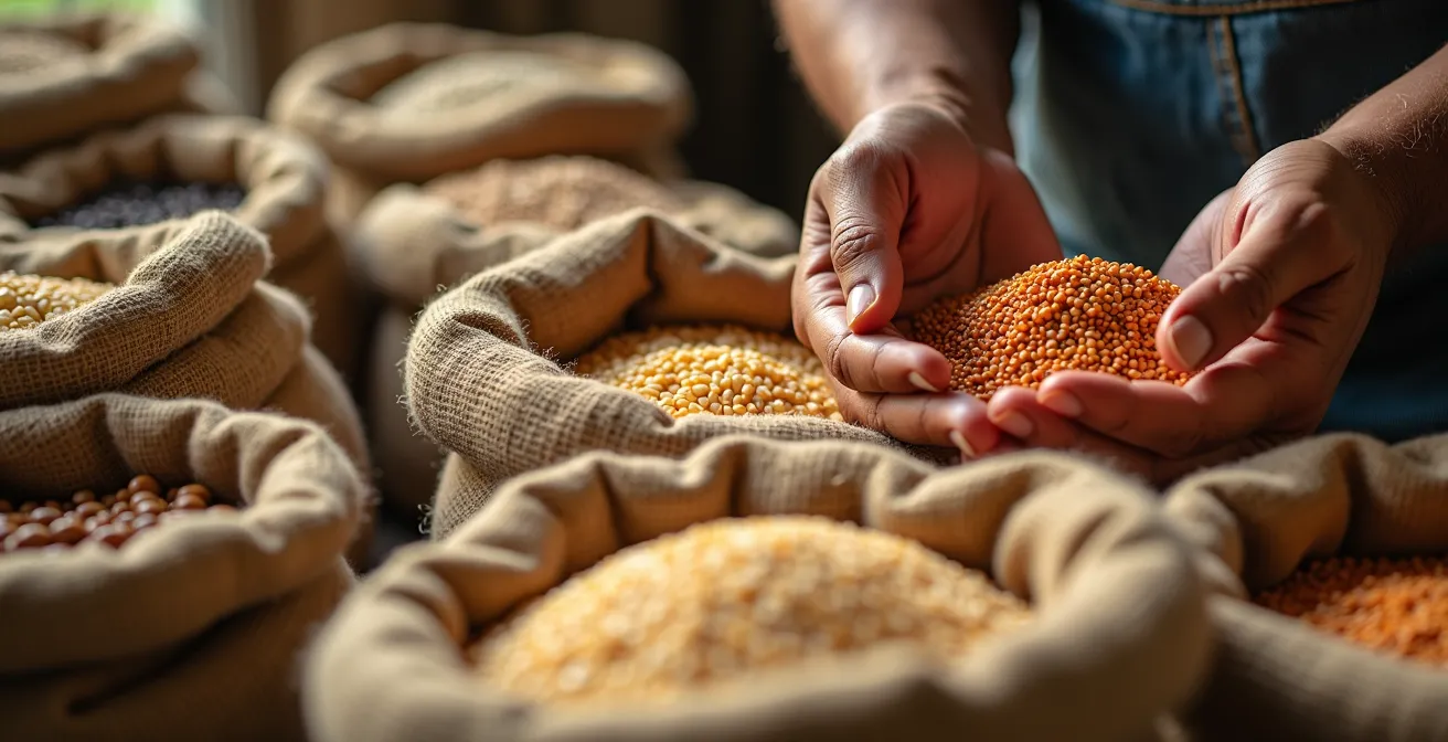Gros plan sur des mains préparant des colis alimentaires avec sacs de riz et lentilles