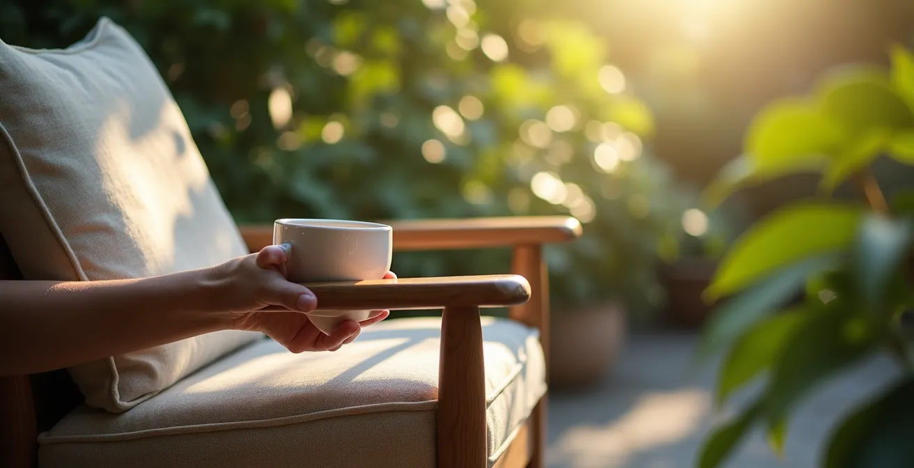 Détail d'un coin lecture intimiste aménagé dans un jardin