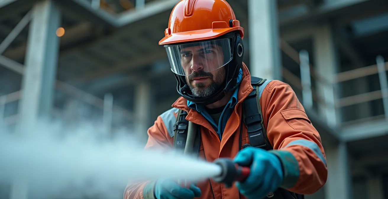 Opérateur en équipement de protection utilisant une lance d'hydrodémolition dans un environnement industriel