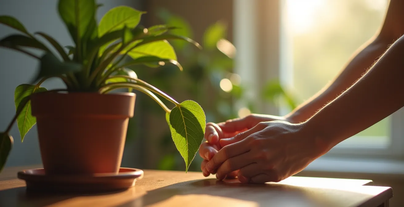 Plante verte sur meuble en bois avec lumière matinale