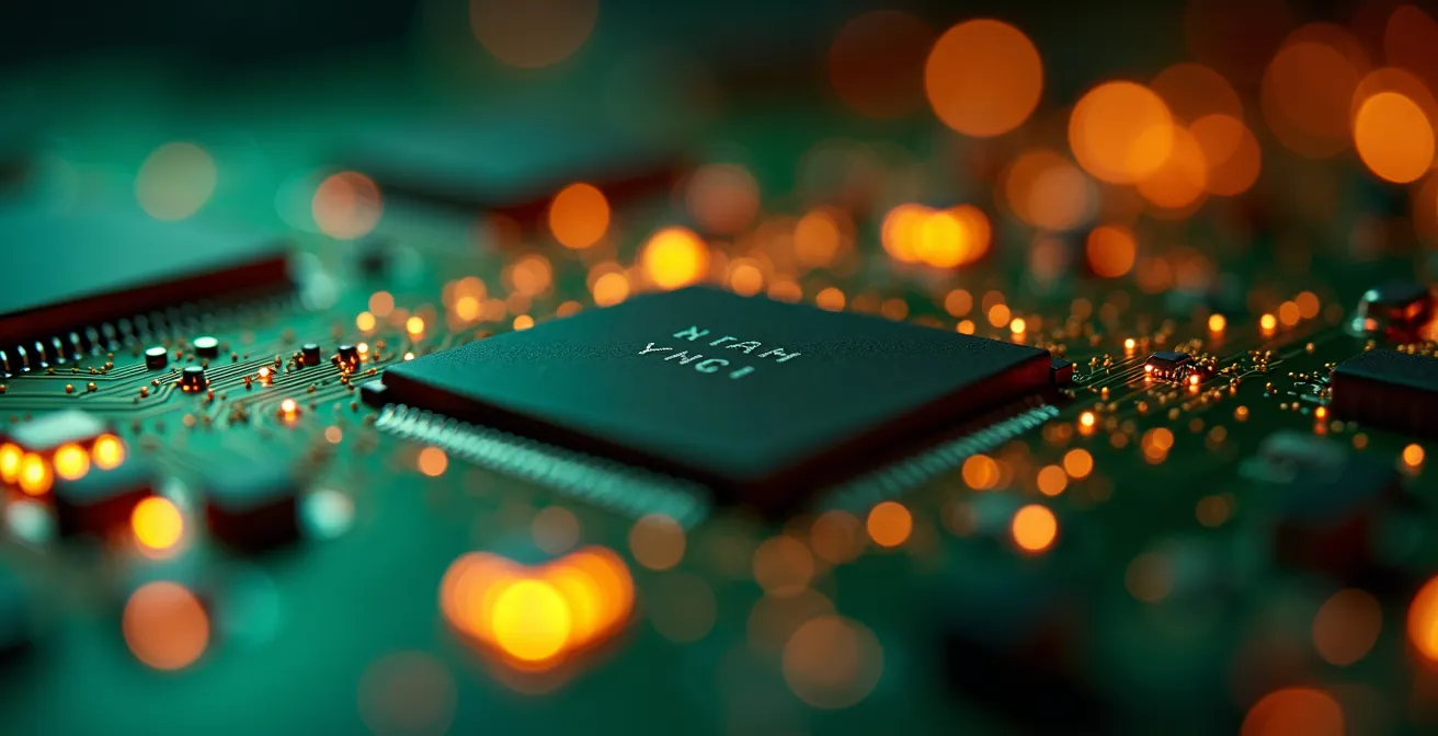 Vue macro détaillée de circuits imprimés avec flux lumineux représentant le traitement des données