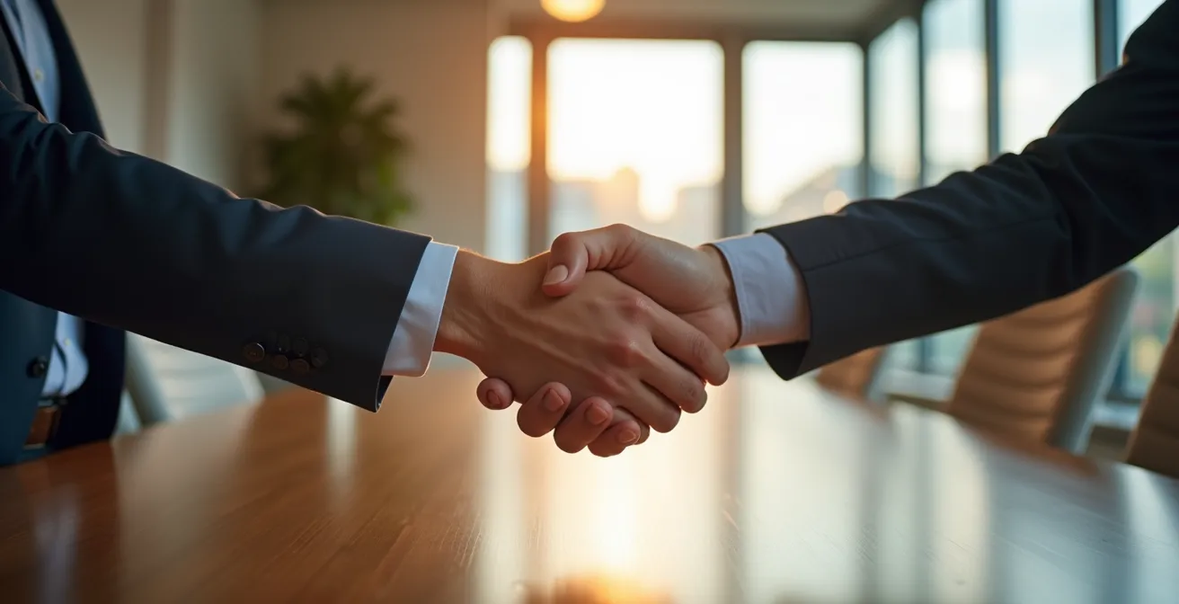 Vue rapprochée de deux mains se serrant au-dessus d'une table avec des documents flous en arrière-plan