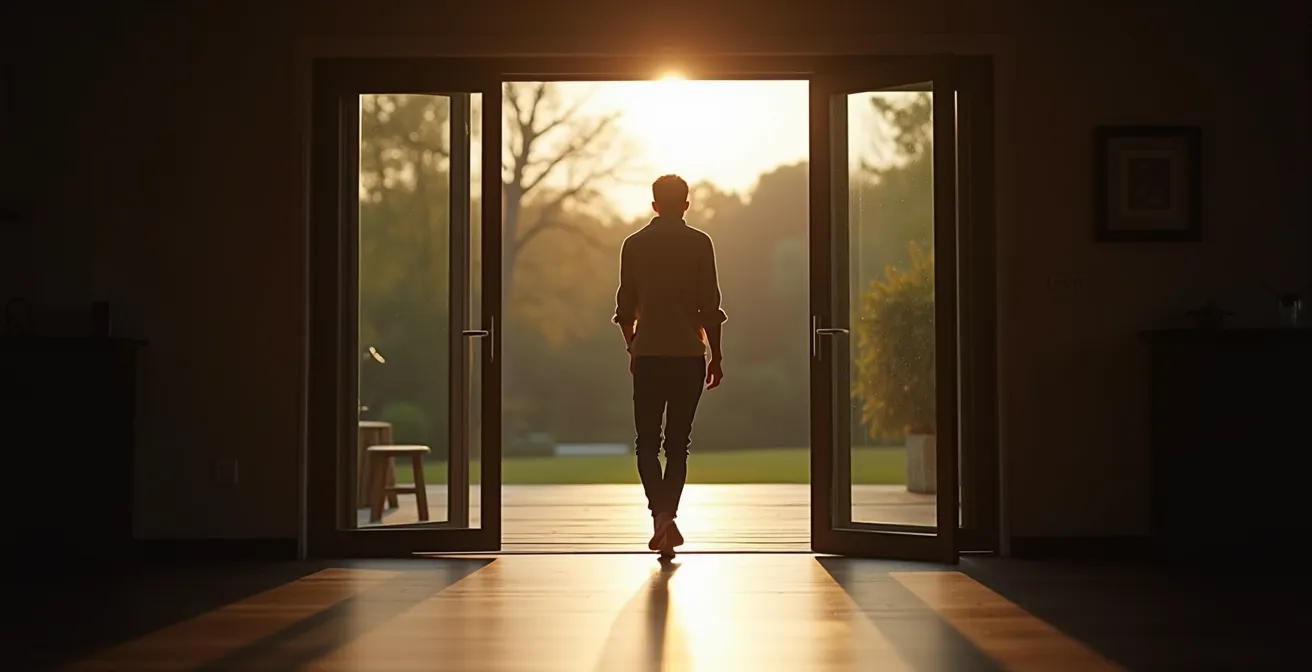 Vue d'une baie vitrée ouverte montrant la continuité entre salon et terrasse