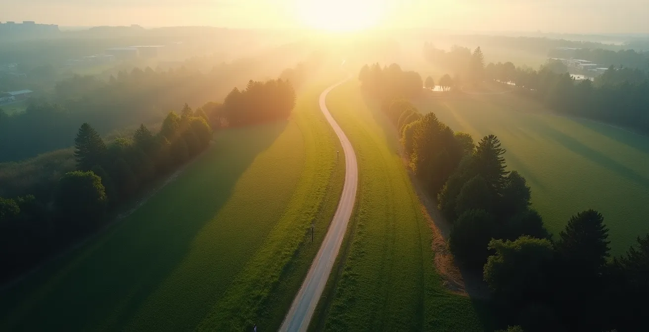 Vue aérienne minimaliste d'un chemin sinueux à travers un paysage verdoyant symbolisant le parcours patrimonial dans le temps