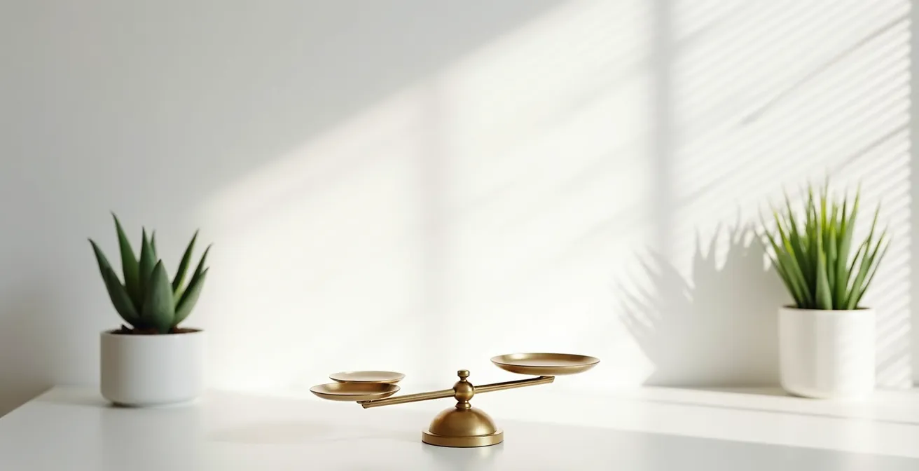 Axe Environnemental & Minimaliste : Bureau épuré avec balance symbolique et plante verte