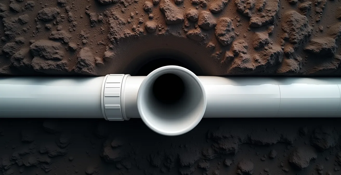 Vue en coupe d'un coude de canalisation à 90 degrés créant une zone d'ombre