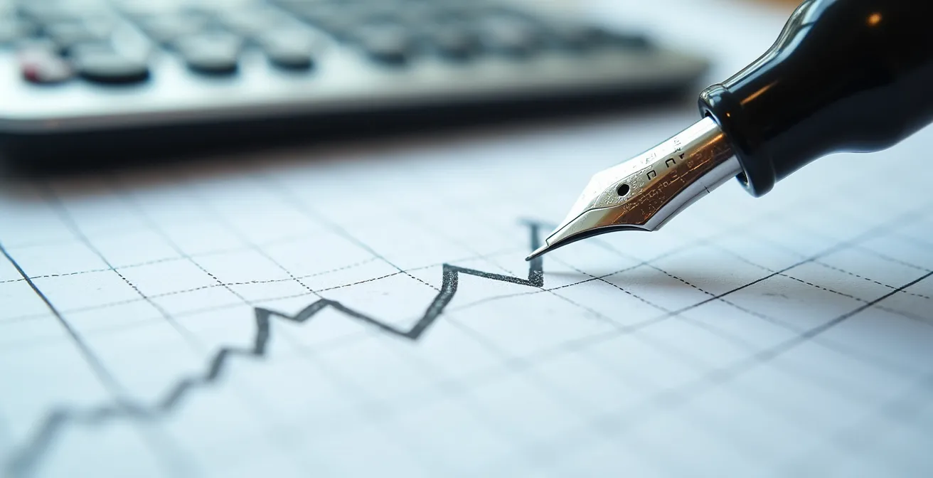 Axe Macro & Textural : Gros plan sur graphique papier avec courbe ascendante et stylo posé