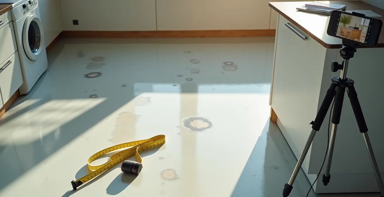 Vue aérienne d'une cuisine avec équipement photo documentant les dégâts d'eau