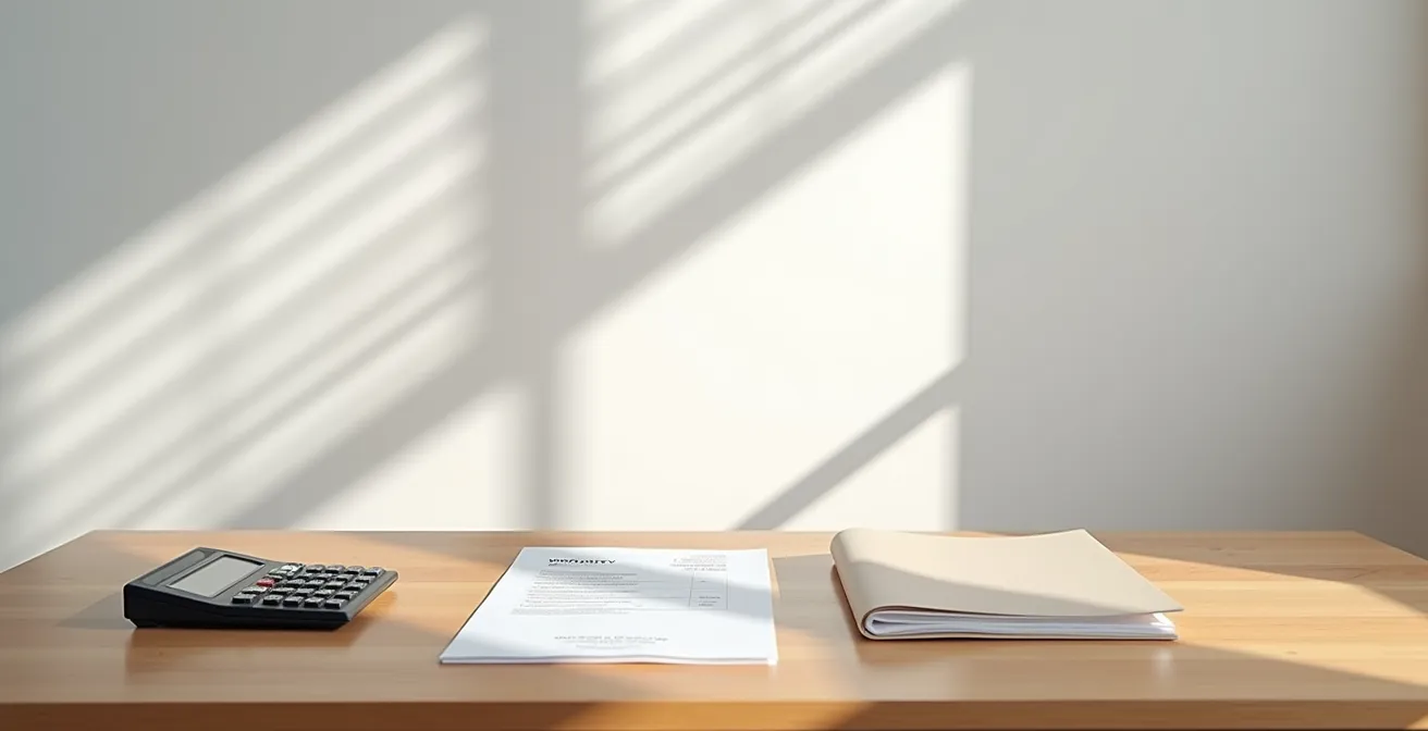 Vue minimaliste d'une table avec documents de garantie et calculatrice