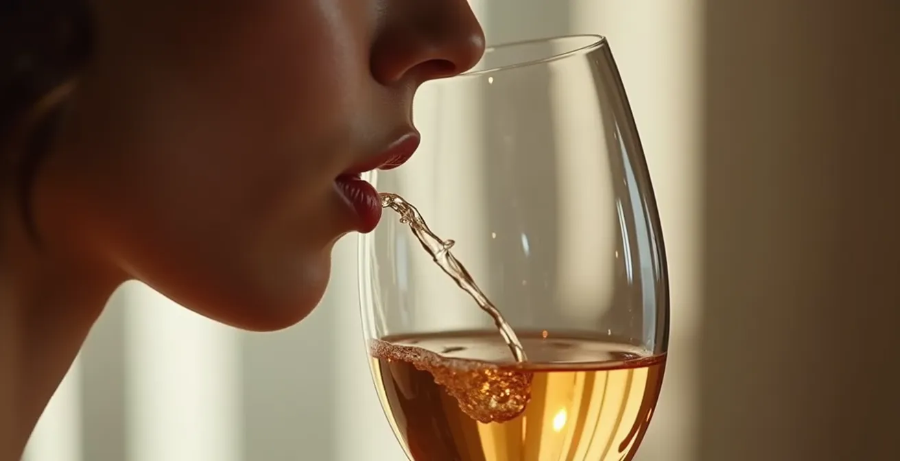 Profil d'une personne dégustant du vin montrant l'angle d'inclinaison naturel