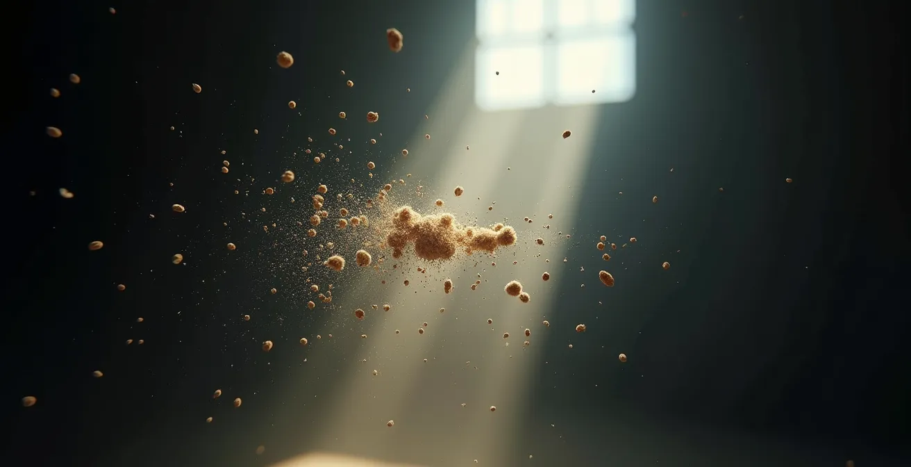 Gros plan sur des particules en suspension dans un rayon de lumière
