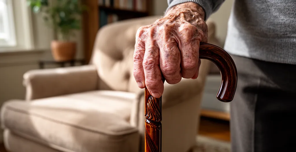 Main d'une personne âgée tenant une canne près d'un fauteuil