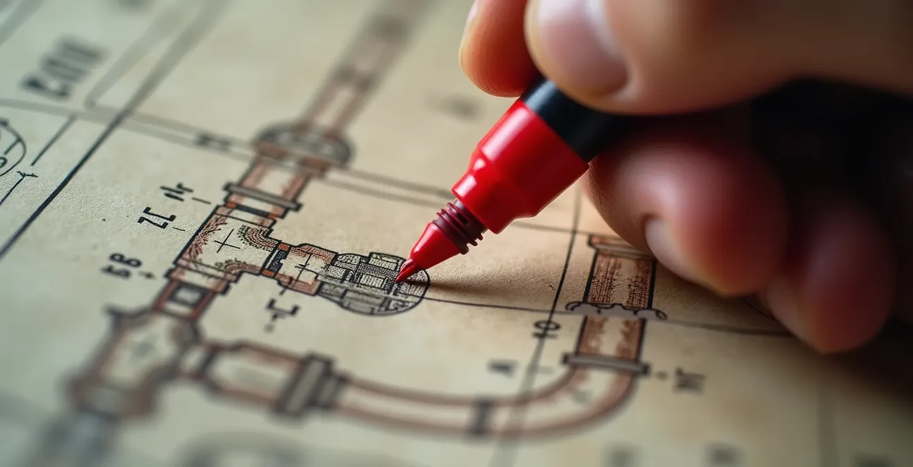 Gros plan sur une main marquant l'emplacement des vannes d'arrêt sur un plan de maison