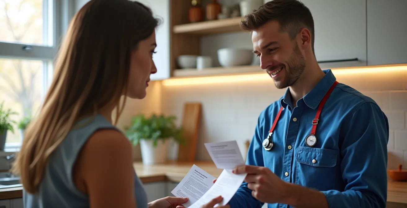 Plombier professionnel montrant ses certifications à un client dans une cuisine moderne