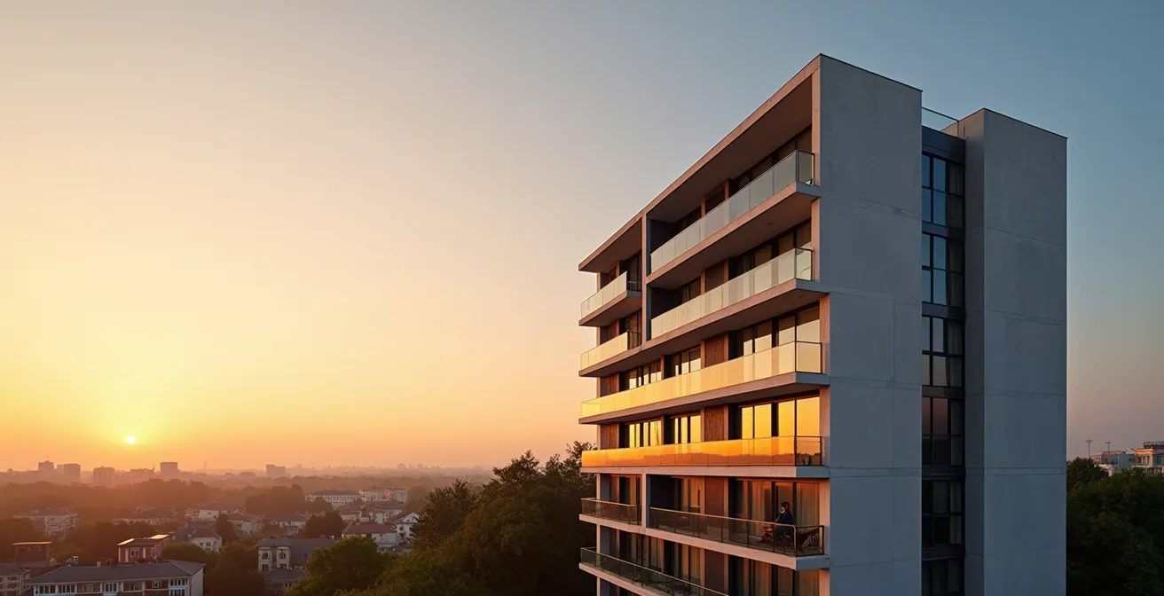 Vue architecturale épurée d'une résidence services moderne