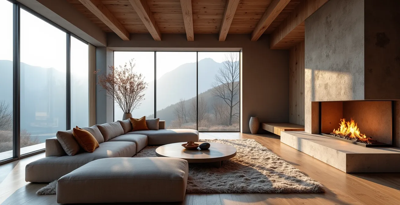 Salon spacieux avec cheminée, poutres apparentes et vue montagne