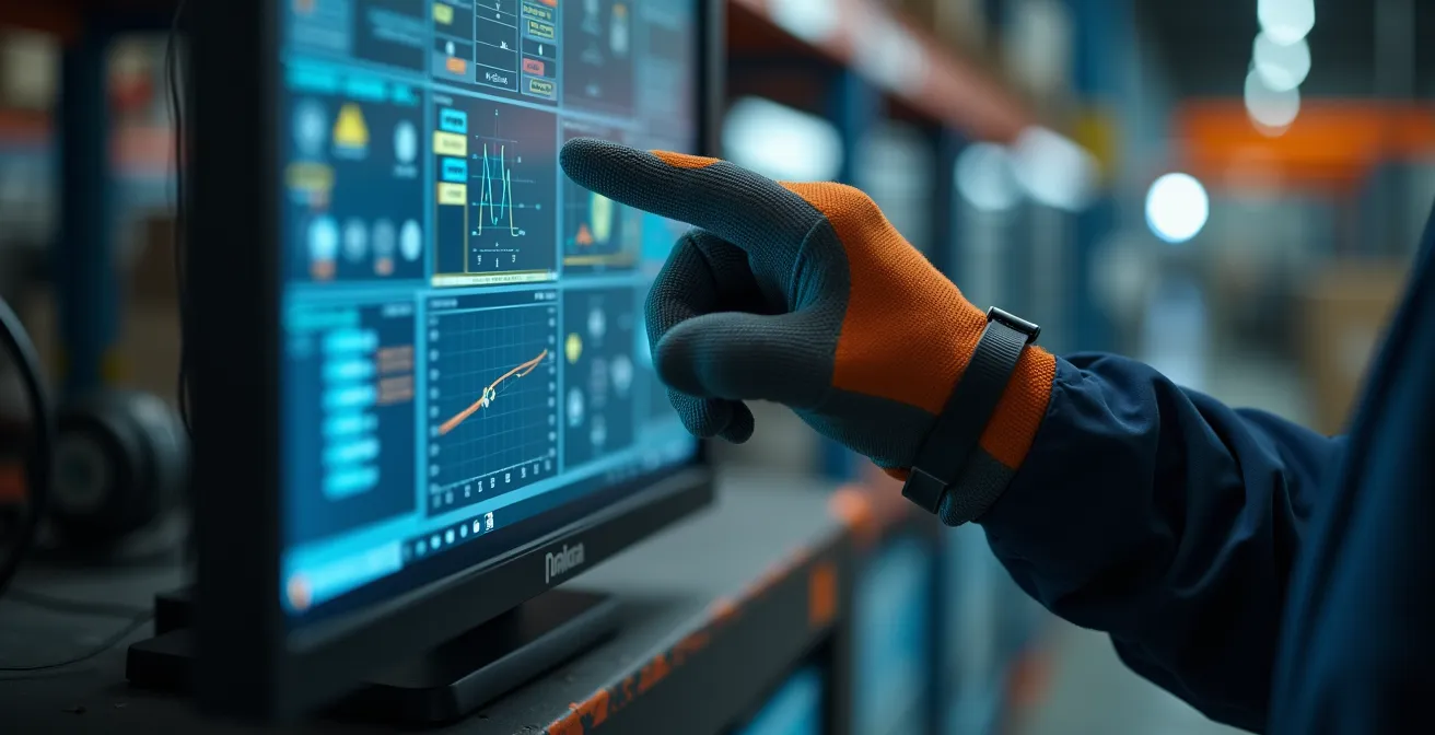 Mains d'un technicien pointant une anomalie sur l'écran de contrôle