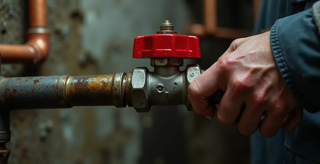 Gros plan sur une main tournant une valve d'arrêt d'eau rouge dans un sous-sol