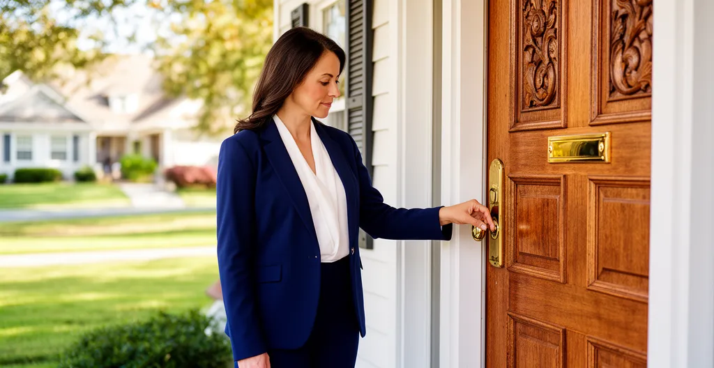 Travailleuse sociale sonnant à la porte d'un pavillon