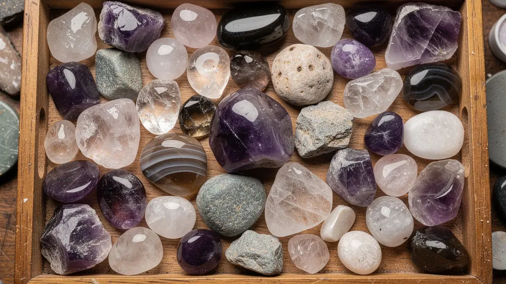 Plateau de pierres semi-précieuses montrant des variations de qualité entre améthystes et agates