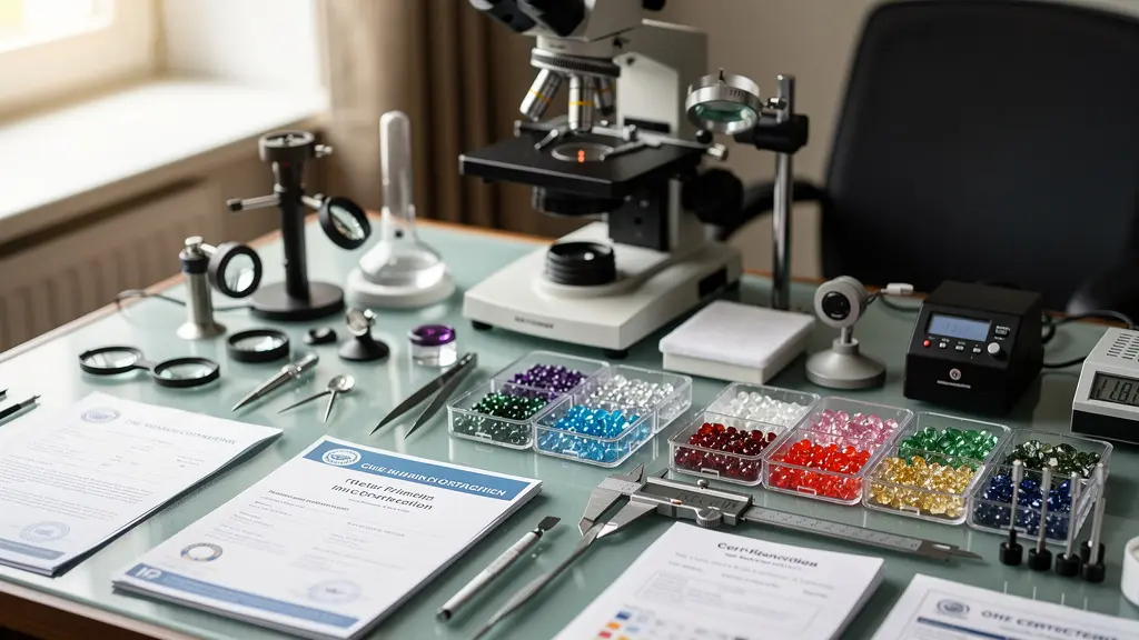 Bureau de gemmologue avec équipement d'expertise et documents de certification pierres