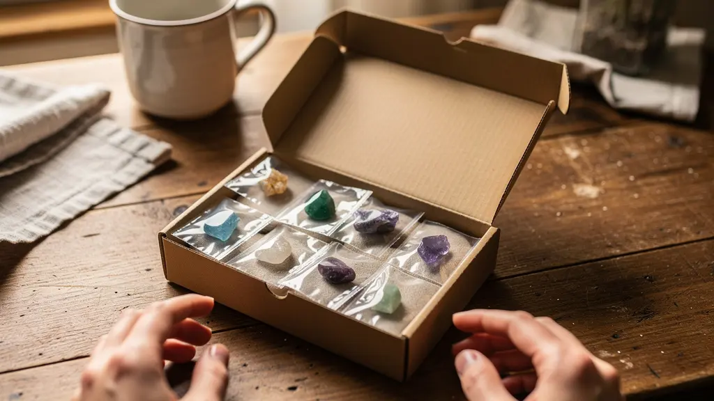 Petit colis ouvert contenant des échantillons de pierres semi-précieuses en sachets