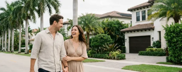 Couple européen découvrant un quartier résidentiel de Miami avec maisons méditerranéennes