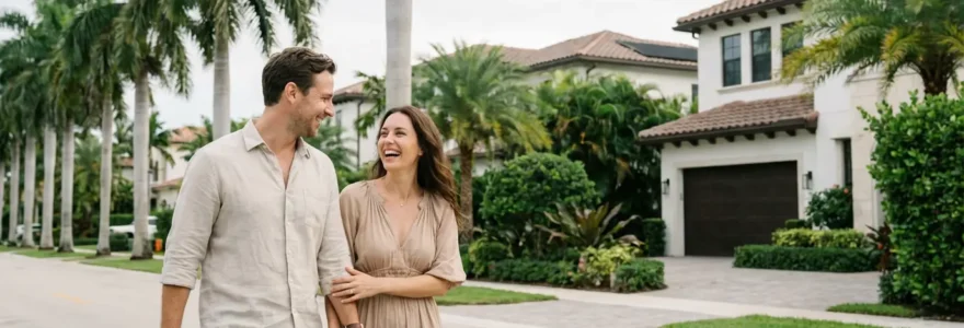 Couple européen découvrant un quartier résidentiel de Miami avec maisons méditerranéennes