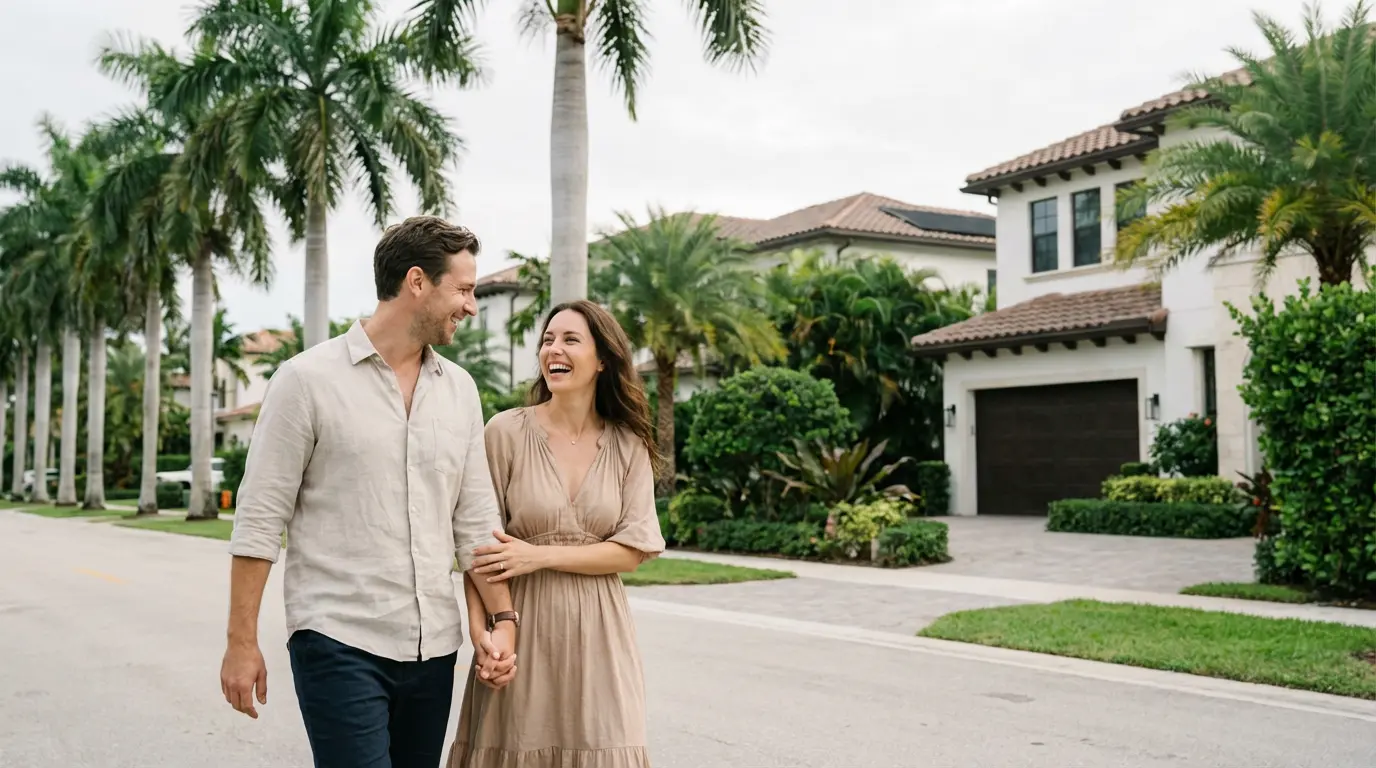 Couple européen découvrant un quartier résidentiel de Miami avec maisons méditerranéennes