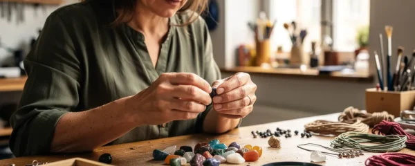 Créatrice bijoux examinant des pierres semi-précieuses colorées sur établi en bois