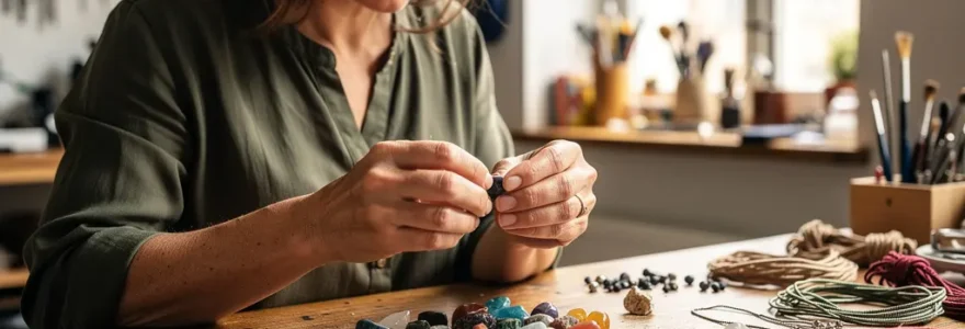 Créatrice bijoux examinant des pierres semi-précieuses colorées sur établi en bois