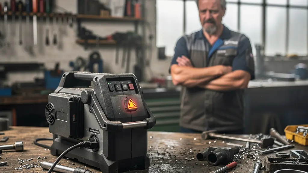 Machine professionnelle en panne dans atelier avec voyant défaut visible