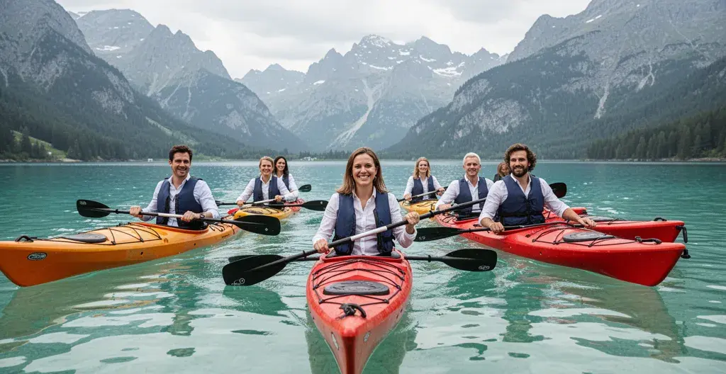 Groupe de collaborateurs en kayaks pour activité team building sur le lac d'Annecy