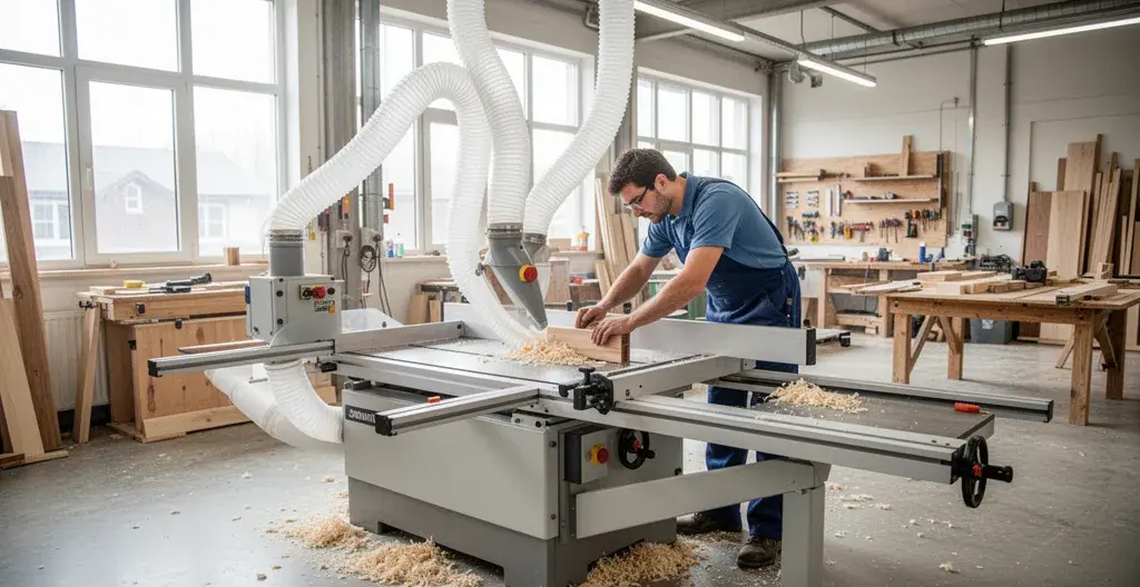Menuisier travaillant dans un atelier équipé d'un système de dépoussiérage industriel